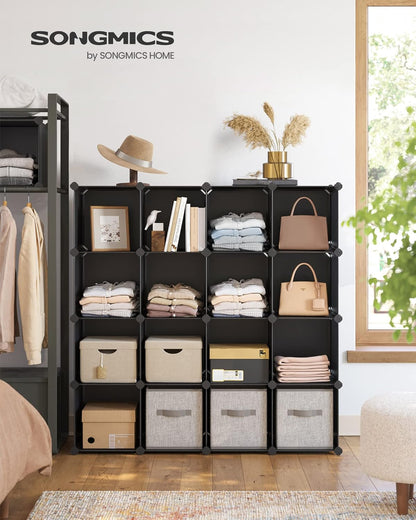SONGMICS Cube Storage Organizer - Set of 16 Plastic Cubes for Room Organization | Black, 12.2 x 48.4 x 48.4 Inches