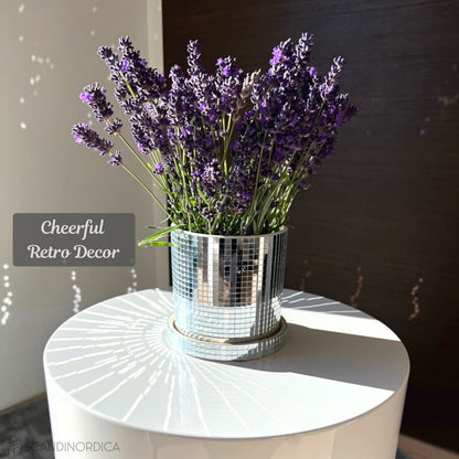 SCANDINORDICA Disco Ball Planter 8" Gold with Chain and Macrame Hanger and Disco Ball Planter Pot 4.3" with Saucer (0.2x0.2 mirror tiles)