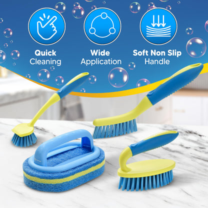 Scrub Brush Set for Bathroom Kitchen Bathtub Toilet Deep Cleaning Brush Tools All Purpose Cleaner Sponge Scrubbing Brushes with Ergonomic Handle, 4-Piece