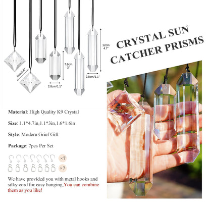 HDCRYSTALGIFTS Set 7 Clear Crystal Prisms Suncatchers Hanging Glass Ornament for Christmas Tree,Rainbow Maker Sun Catchers for Windows Home Garden Decoration,Modern Grief Gift