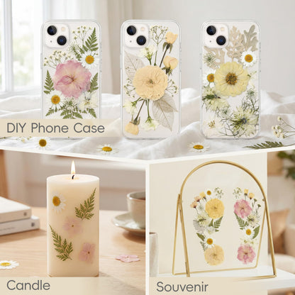 LUXEEASE 80 Pcs Dried Flowers for Crafts, Real Natural Dried Pressed Flowers in Soft Yellow, White & Pink Tones for Resin, DIY Art, Jewelry, Candle & Soap Making – Tweezers Included