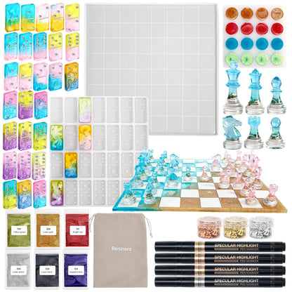 Chess Mold Set, Resiners 3D Silicone Create Chess, Checkers & Dominoes, Epoxy Silicone Resin Molds for Family Party DIY Chess Board Game Gift (Checkers & Chess Board & Domino)