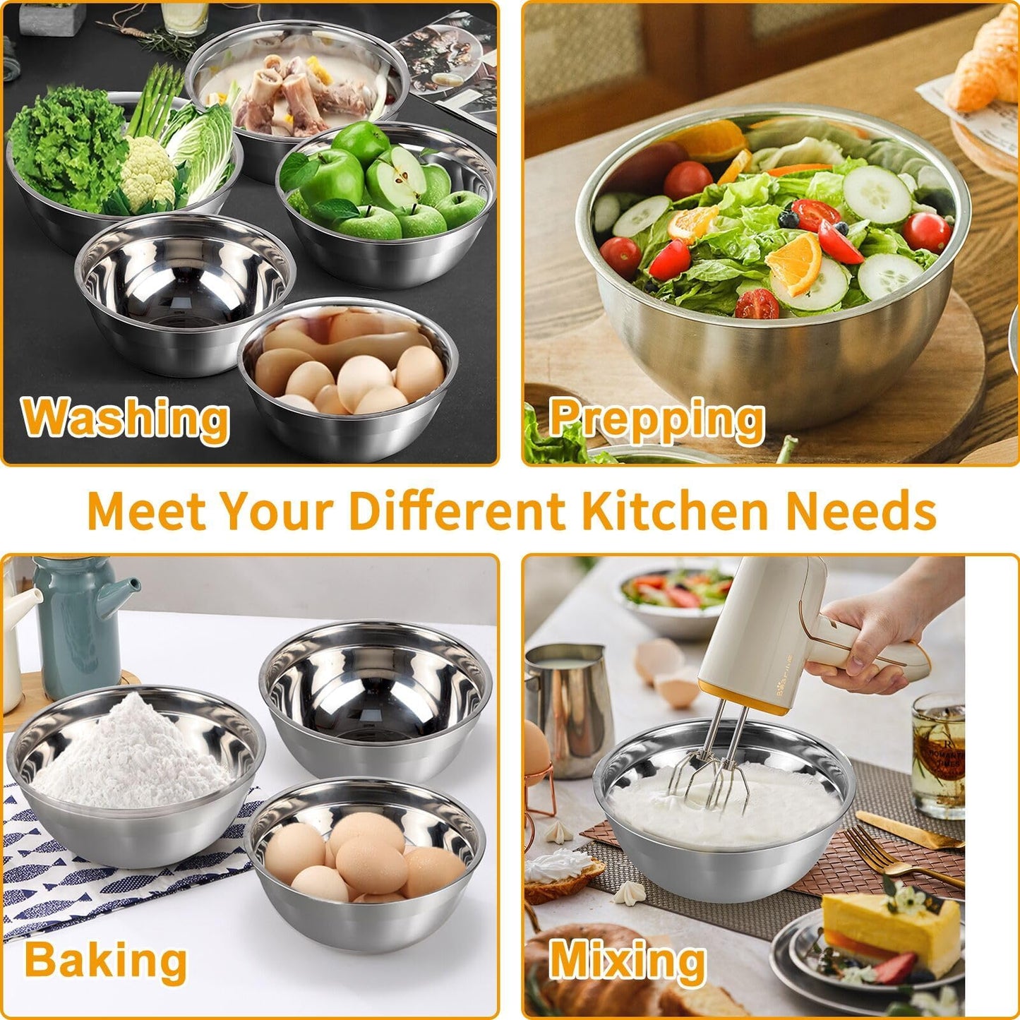 WEPSEN Mixing Bowls with Lid Set, 25PCS Kitchen Utensils Metal Bowl Stainless Steel Nesting Bowls, Measuring Cups and Spoons, Egg Whisk for Baking Prepping Cooking Serving Supplies