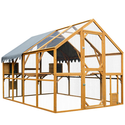 KEIKI 110" L Outdoor Large Chicken Coop with Waterproof Cover, Roosting Platform, Wire Mesh & 2 Lift Small Doors with Locks, Wood Chicken Coop House for Cat Kitten, Duck, Rabbit, Quail Playpen