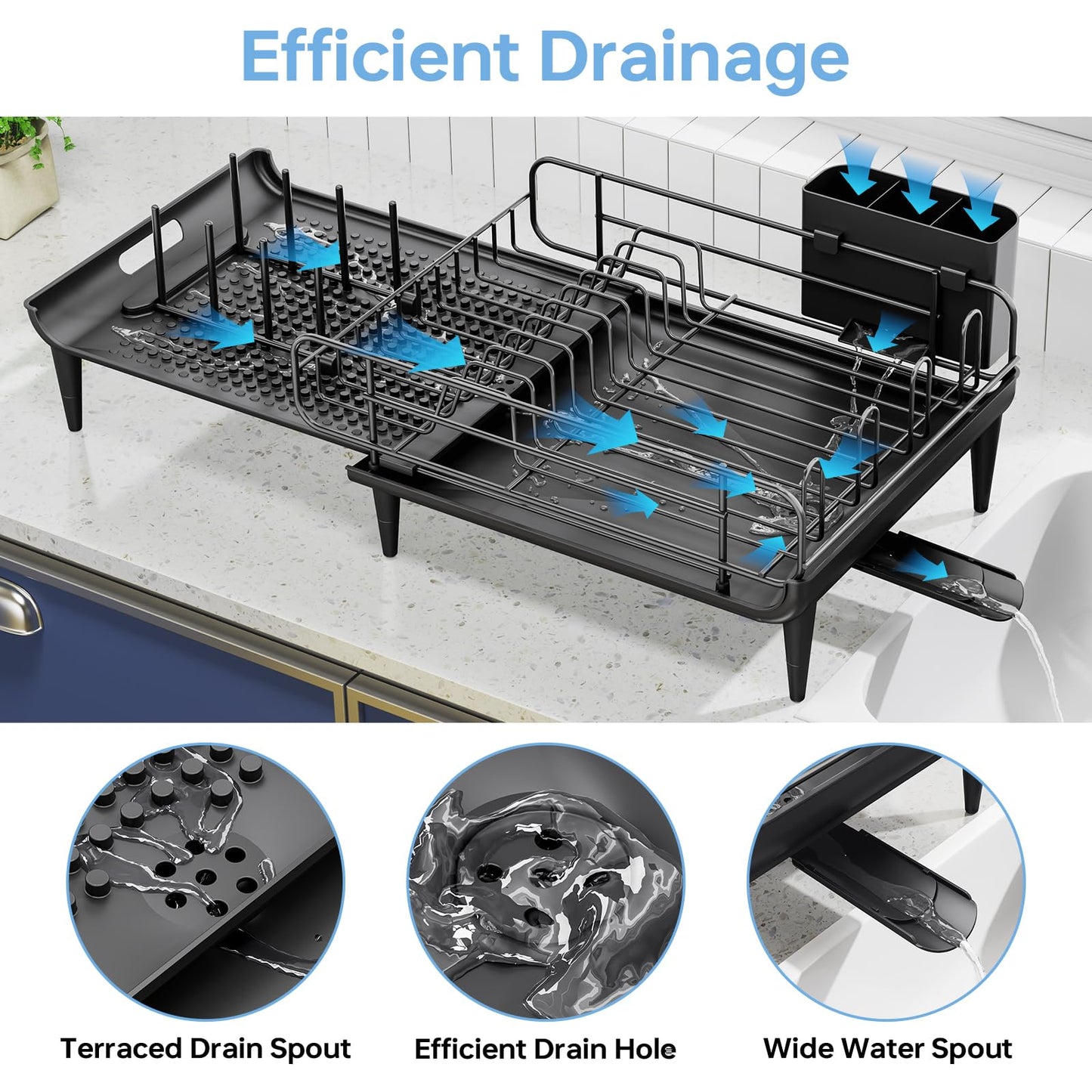 TOOLF Large Dish Drying Rack, Expandable Dish Rack for Kitchen Counter, Multifunctional Dish Drainer, Organization and Storage Essentials with Cup & Cutlery Holders, 16.7"-26.8" L x 12.6" W, Black