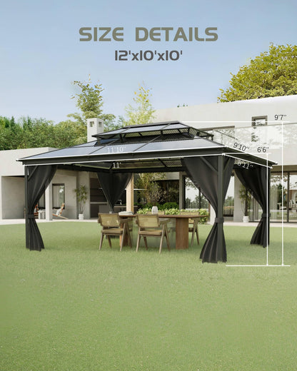 Double Roof Protection, 10'x12' Hardtop Aluminum Gazebo with Netting & Curtains, Permanent Polycarbonate Pavilion for Patio, Backyard, and Lawn (Gray)
