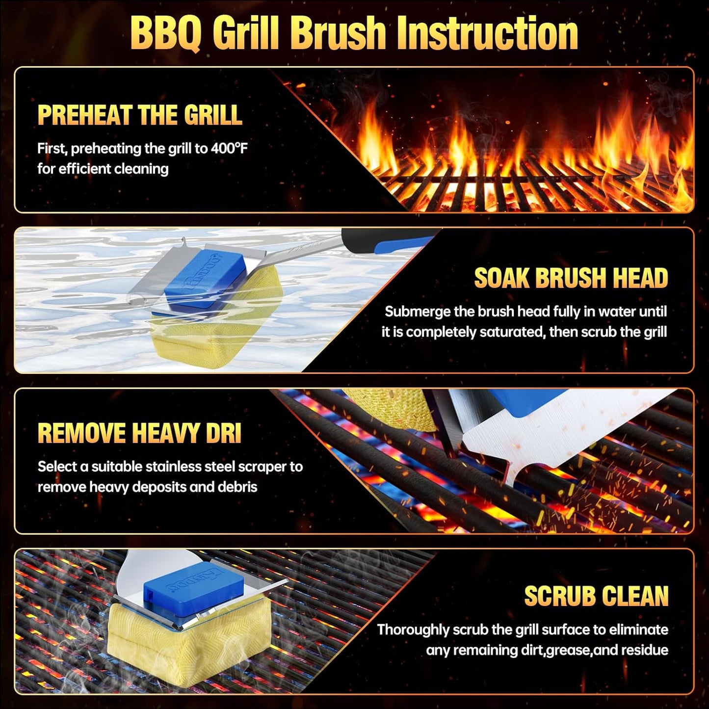 Grill Brush Bristle Free for Outdoor Grill, Steam Grill Cleaning Brush Replaceable BBQ Cleaner Brush Head,Extended