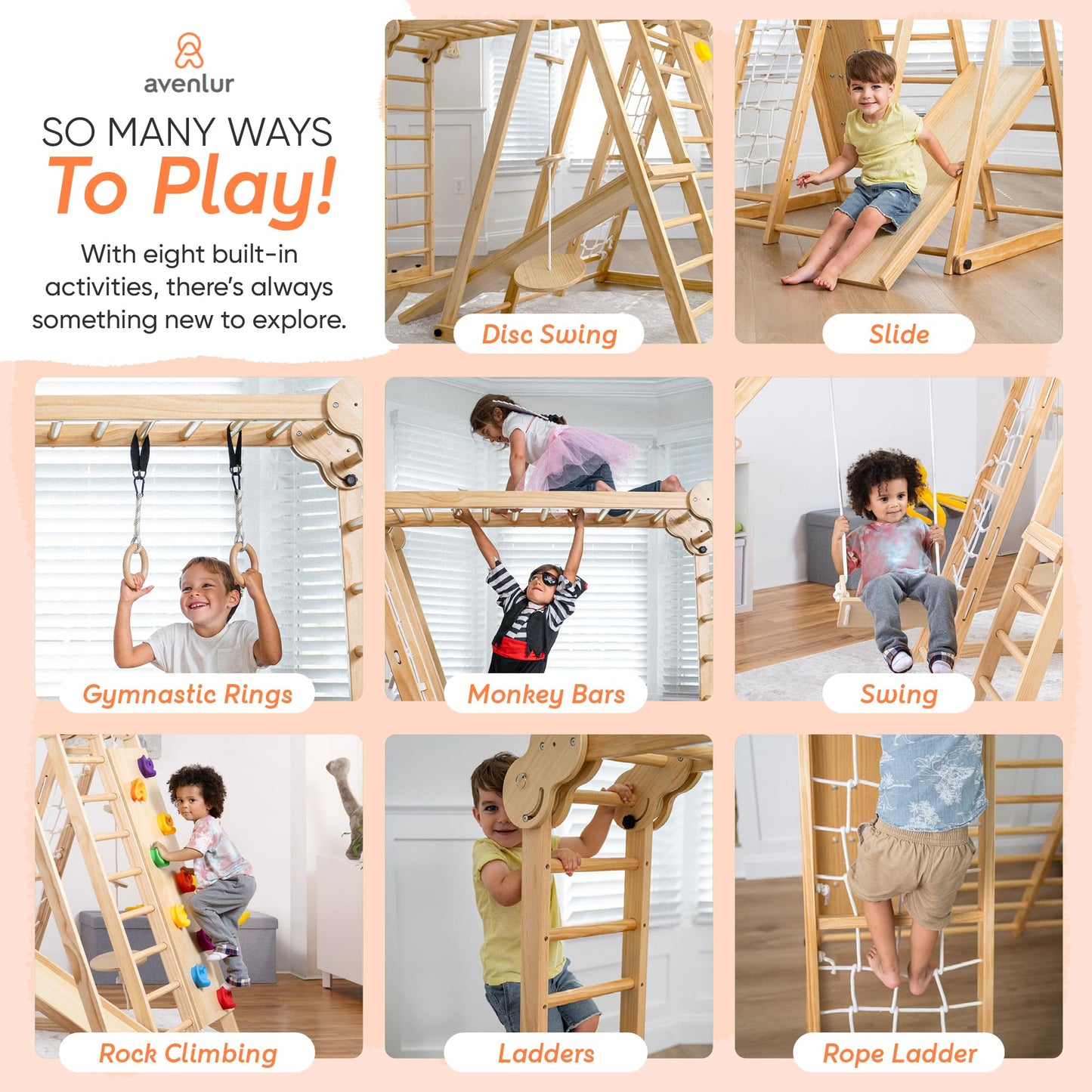 Avenlur 8-in-1 Indoor Play Gym – Toddler Jungle Gym for Kids Ages 2–6 – Indoor Playground Wooden Climbing Playset with Slide, Monkey Bars, Ladder, Rope Ladder, Rock Climbing, Swing, Rings, Disc Swing
