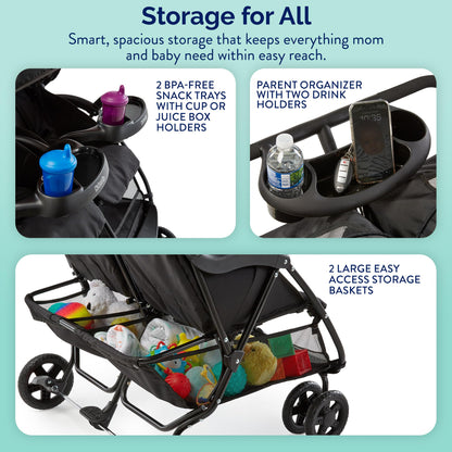 Kolcraft Cloud Plus Lightweight Double Stroller Side-by-Side for Infant Toddler, Compact Folding Travel System with Reclining Seats, Canopies, Storage Basket, Trays, Easy Maneuver - Slate Gray