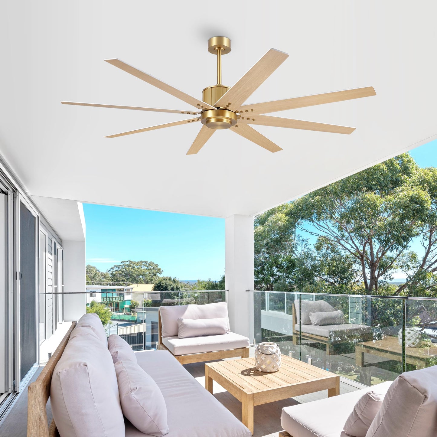 WINGBO 64" Ceiling Fan without Light, Modern Large Ceiling Fan with Remote Control, 6-Speed Reversible Noiseless DC Motor, Gold and White/Oak Blades for Living Room, Bedroom & Covered Outdoor