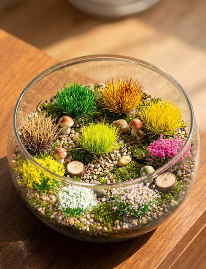 HFKPJRT 140 Pcs Static Grass Tufts & Miniature Flowers Cluster for Crafts, Diorama Supplies & Terrain Model Kit, Artificial Model Grass for Fairy Garden Accessories, Train Railroad Scenery