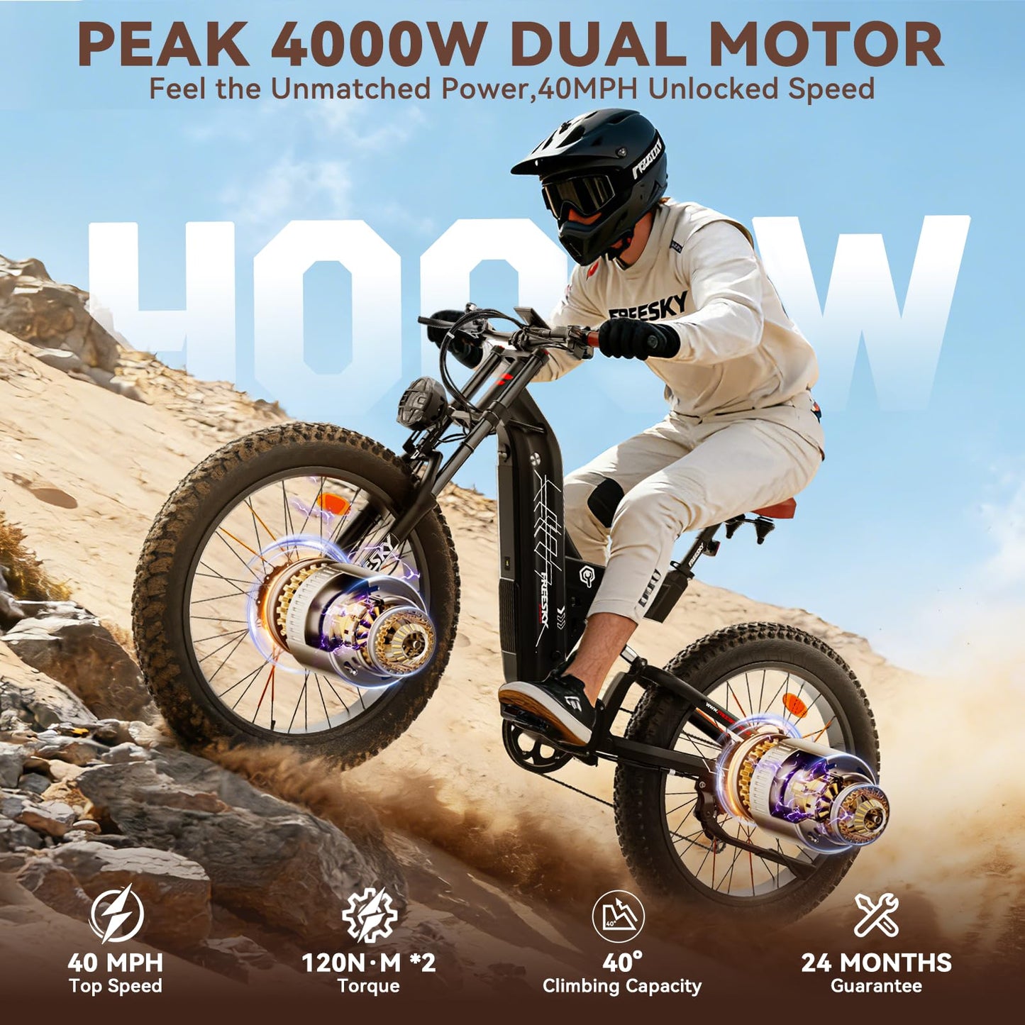 FREESKY 4000W Dual Motor Electric Bike for Adults, 48V 30AH Battery 120Miles Range, 40+MPH AWD Fast E-Bike, 26" Fat Tire Full Suspension Off-Road Mountain E Bike, Blue Grey, with Cycling Kits