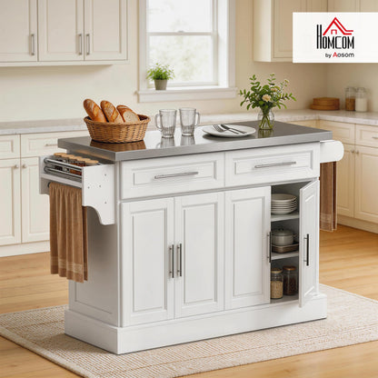 HOMCOM Rolling Kitchen Island Cart with 47" Stainless Steel Top, Portable Island Table for Kitchen with Wheels, Adjustable Shelves, 2 Drawers, Spice, Knife and Towel Rack, White