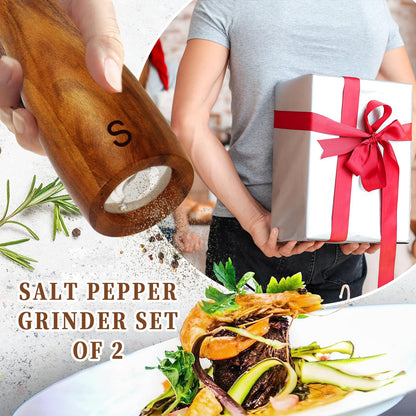 Haomacro 2 Pack Wood Salt and Pepper Grinder Set, Acacia Wood Salt and Pepper Grinder Mill Pepper Grinder Ceramic Stainless Steel Core-8 Inch
