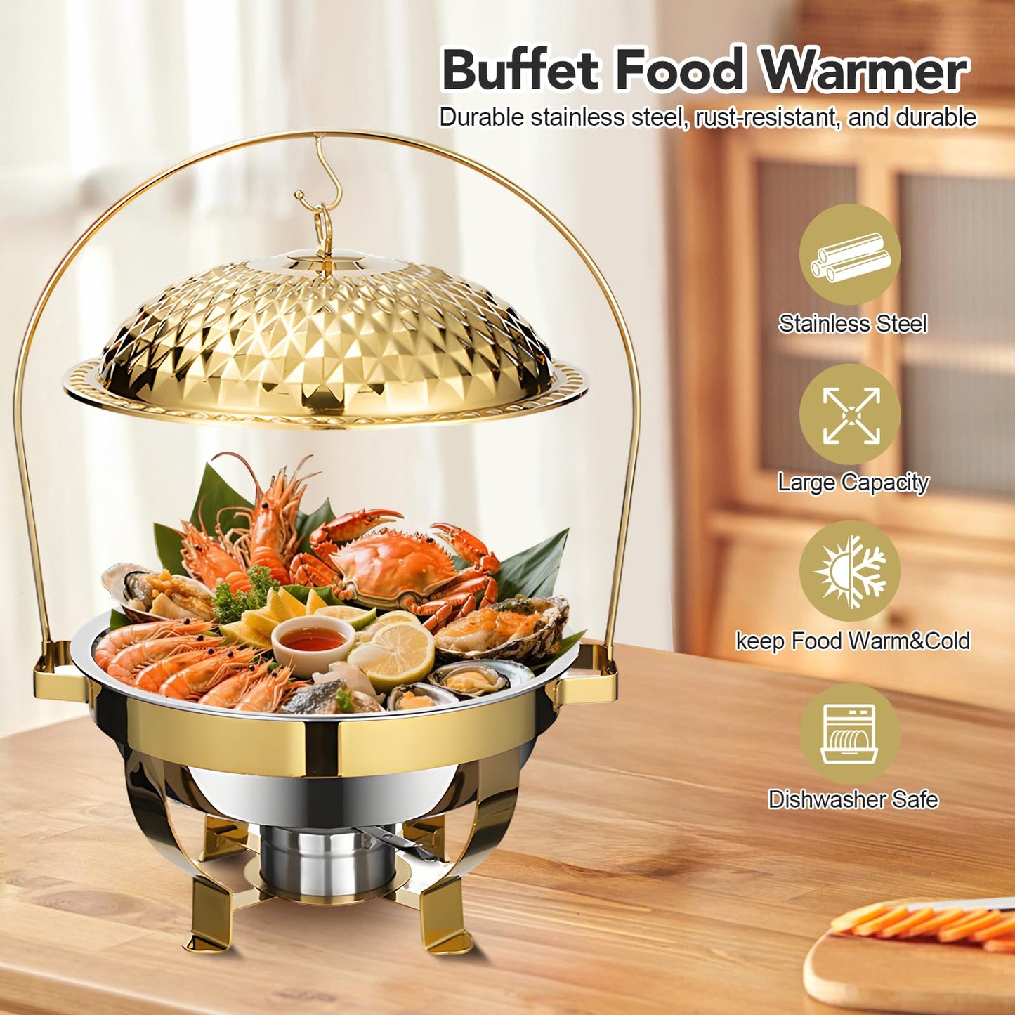 Round Chafing Dish Buffet Set of 4, Stainless Steel Food Warmers with Lids and Fuel Holders, Catering Chafer Serving Set for Banquets, Parties, Events(D)
