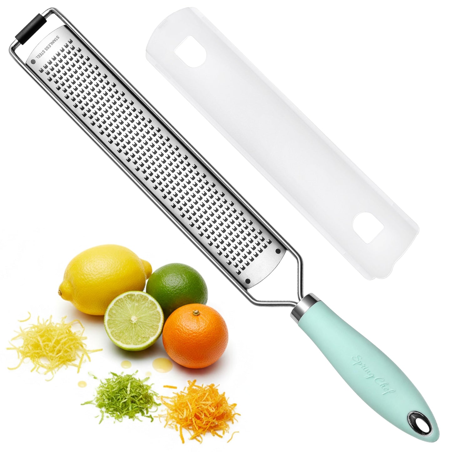 Spring Chef Stainless Steel Lemon Zester Grater with Handle - Garlic, Cheese, Parmesan, Nutmeg, Lime, Ginger Grater - Heavy Duty Kitchen Tool - Citrus Zester with Blade Cover - Fine Shred - Mint