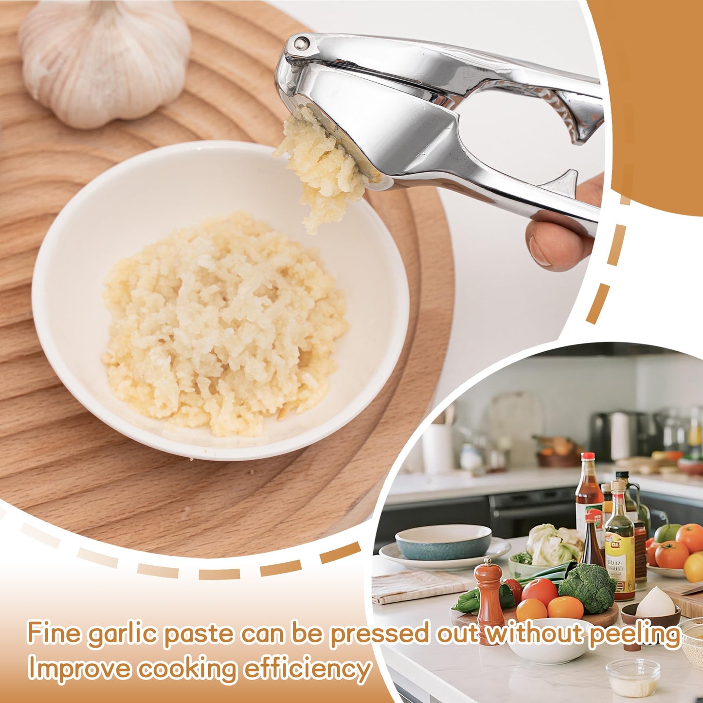 Huakai Kitchen Premium Garlic Press - Zinc Alloy Garlic Press effortlessly crushes garlic cloves, ginger chunks, nuts, and seeds. Comfortable to use and dishwasher safe.