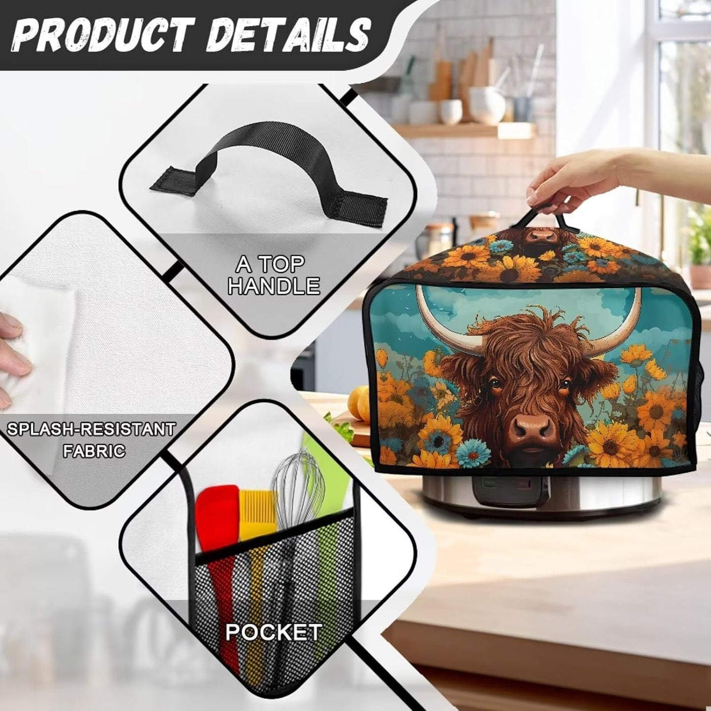 Highland Cow Slow Cooker Bags, Cattle Wildlife Dust Cover for Slow Cooker, Air Fryer Cover with Mesh Pockets