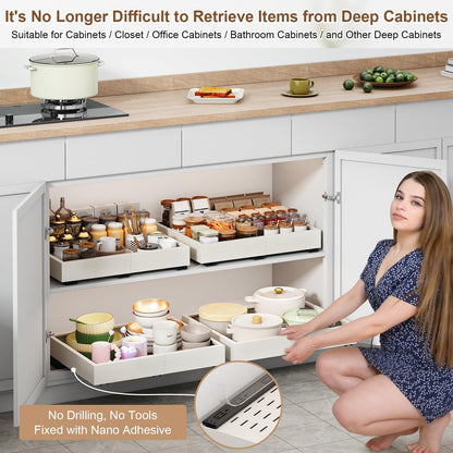 Pull out Cabinet Organizer,Expandable Width(11"-16"),Depth(17"-24") with 3 Rails,Roll out Drawers,No Drill Adjustable Slide out Shelves for Kitchen,Pantry,for Both Lip and Lip-Free Cabinets,White(1PC)