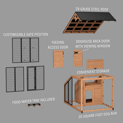 Backyard Discovery 7' x 5' Waggin' Retreat Cedar Wood Large Dog Kennel with Galvanized Steel Roof, Feeding Door, Doghouse Back Door, Water and Food Tray, Secure Lock Gate for Safe Outdoor Pet Shelter
