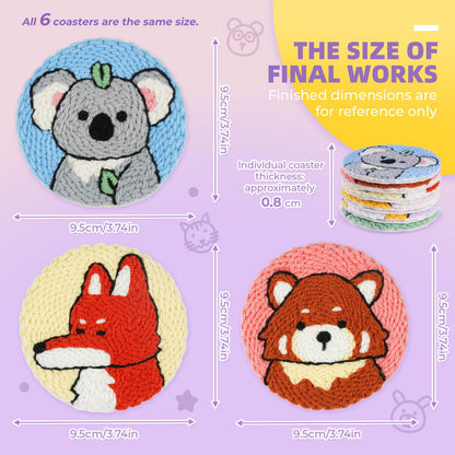punch needle kit-6,embroidery kit for beginners,punch needle kits adults beginner,needles, curved scissors, a tool storage box, yarn, easy-to-follow instructions, and tutorial videos(6 animal coaster)