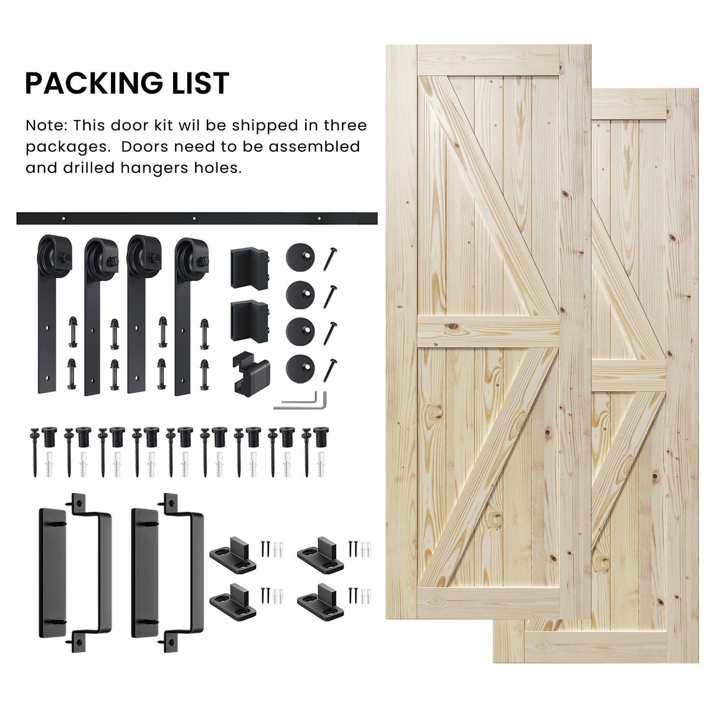 SMARTSTANDARD 34x84 inch Double Barn Door with 12ft Sliding Barn Door Hardware Kit Included, Unfinished Solid Spruce Wood, A Simple Assembly is Required, DIY Support
