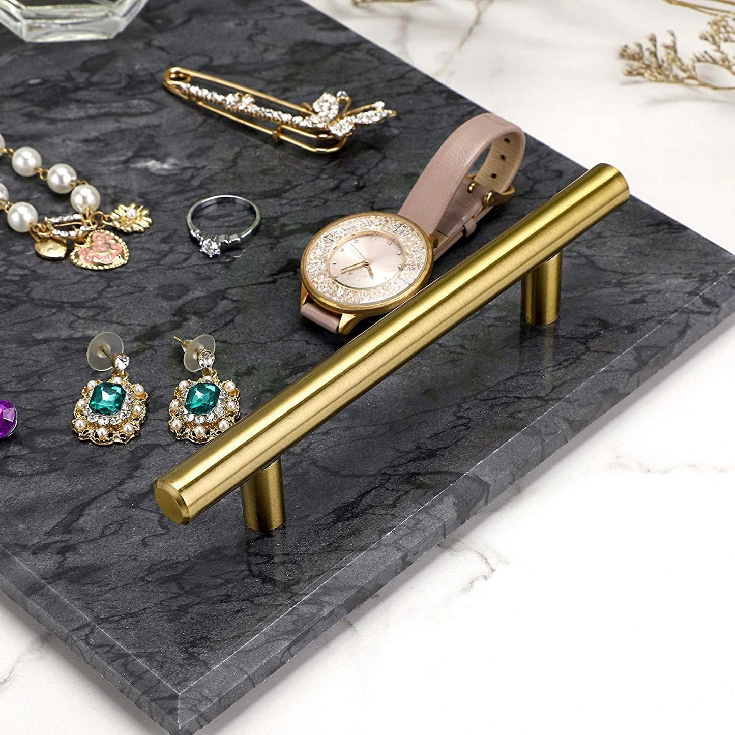 Black Real Marble Tray with Golden Handle, Decorative Natural Stone Tray for Bathroom, Kitchen, Vanity, Nightstand
