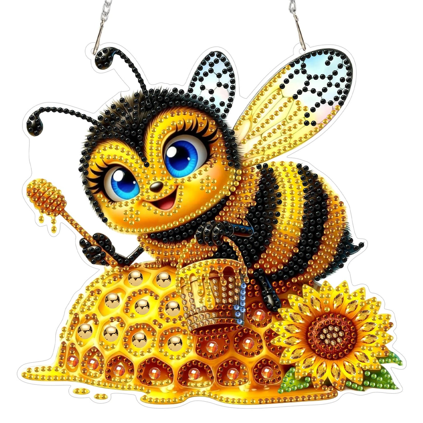 CEOVR Bee Hanging Diamond Art for Adults, Bee Honey Diamond Painting Pendant DIY Gem Art Wall Hanging Ornament, Acrylic Home Garden Decor with Chain, Box Kit 7.77×7.3inch