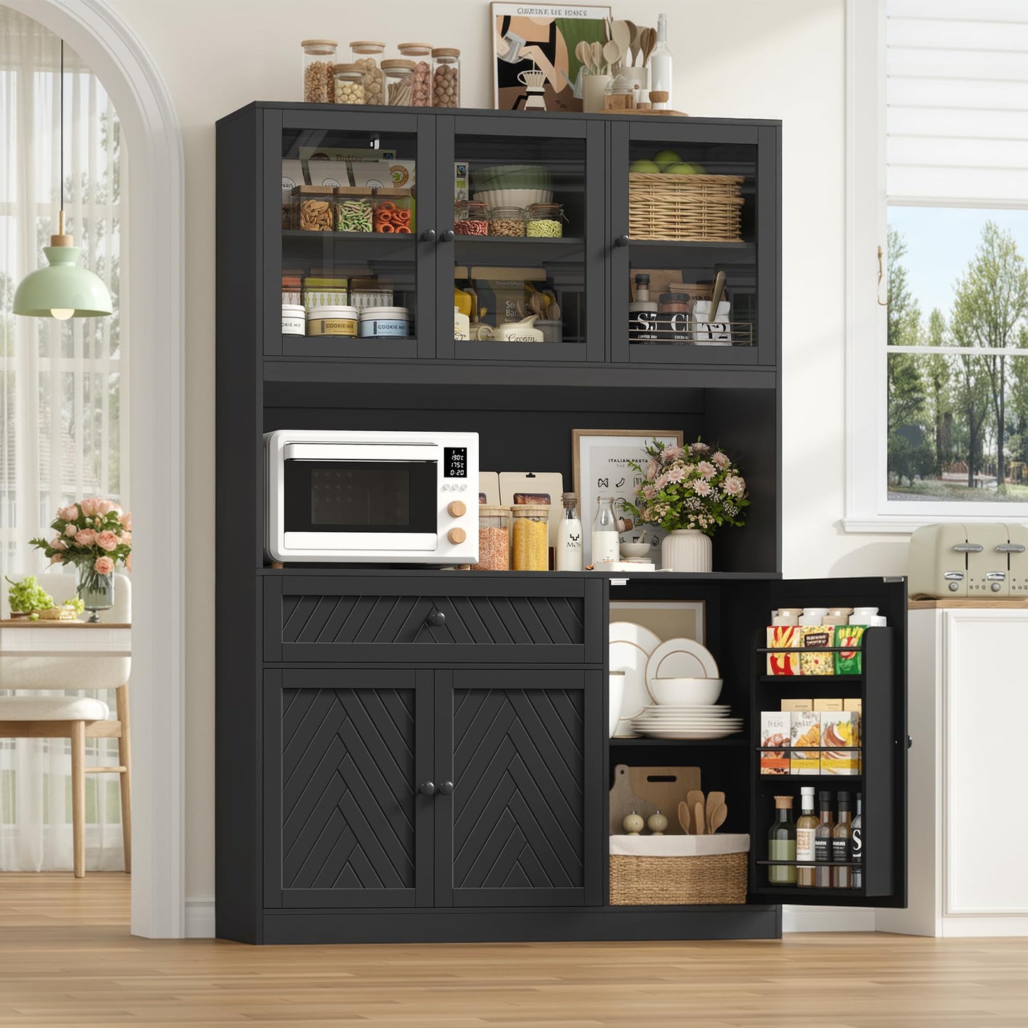 BOTLOG 72” Tall Kitchen Pantry Storage Cabinet, Modern White Kitchen Hutch with Large Storage Drawer, Countertop, Adjustable Shelves, Food Pantry Cabinets for Dining Room, Living Room (Black)