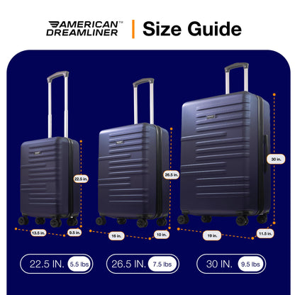American Dreamliner 3 Piece Set Rolling Luggage, Hardshell Suitcases with Spinner Wheels, 22.5, 26.5, and 30 Inch, Navy