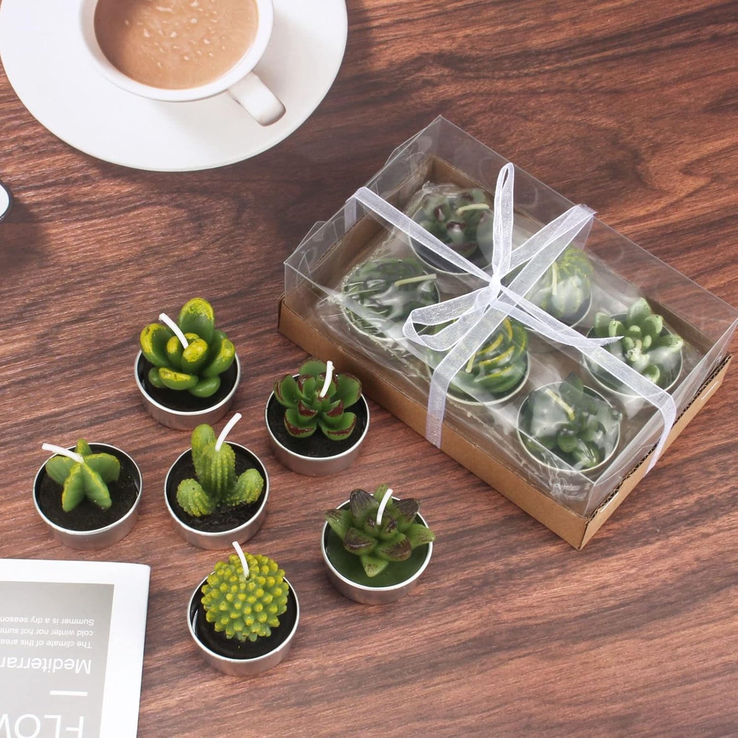 Outee 12 Pcs Handmade Cactus Tealight Candles - Delicate Succulent Candle Mini Tea Lights for Home Décor