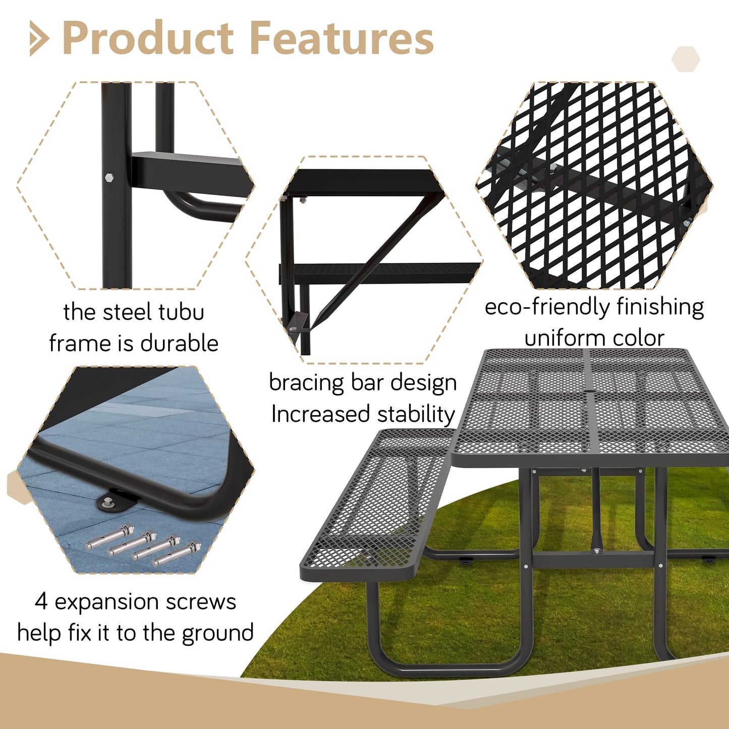 Dvasovio 72 Inch Rectangular Metal Picnic Table with 1.73" Umbrella Hole, Heavy-Duty Steel Mesh Table Set, Weather Resistant Sturdy Outdoor Furniture, for Patio, Garden, Courtyard & BBQ, Black