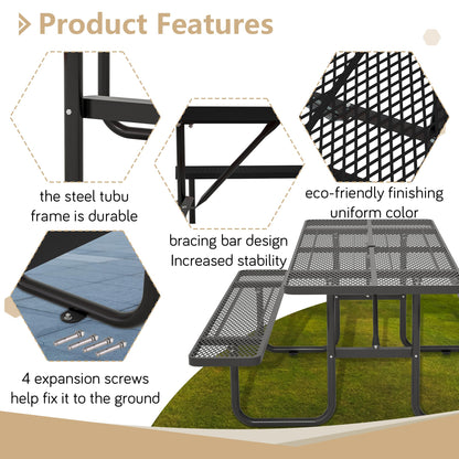 Dvasovio 72 Inch Rectangular Metal Picnic Table with 1.73" Umbrella Hole, Heavy-Duty Steel Mesh Table Set, Weather Resistant Sturdy Outdoor Furniture, for Patio, Garden, Courtyard & BBQ, Black