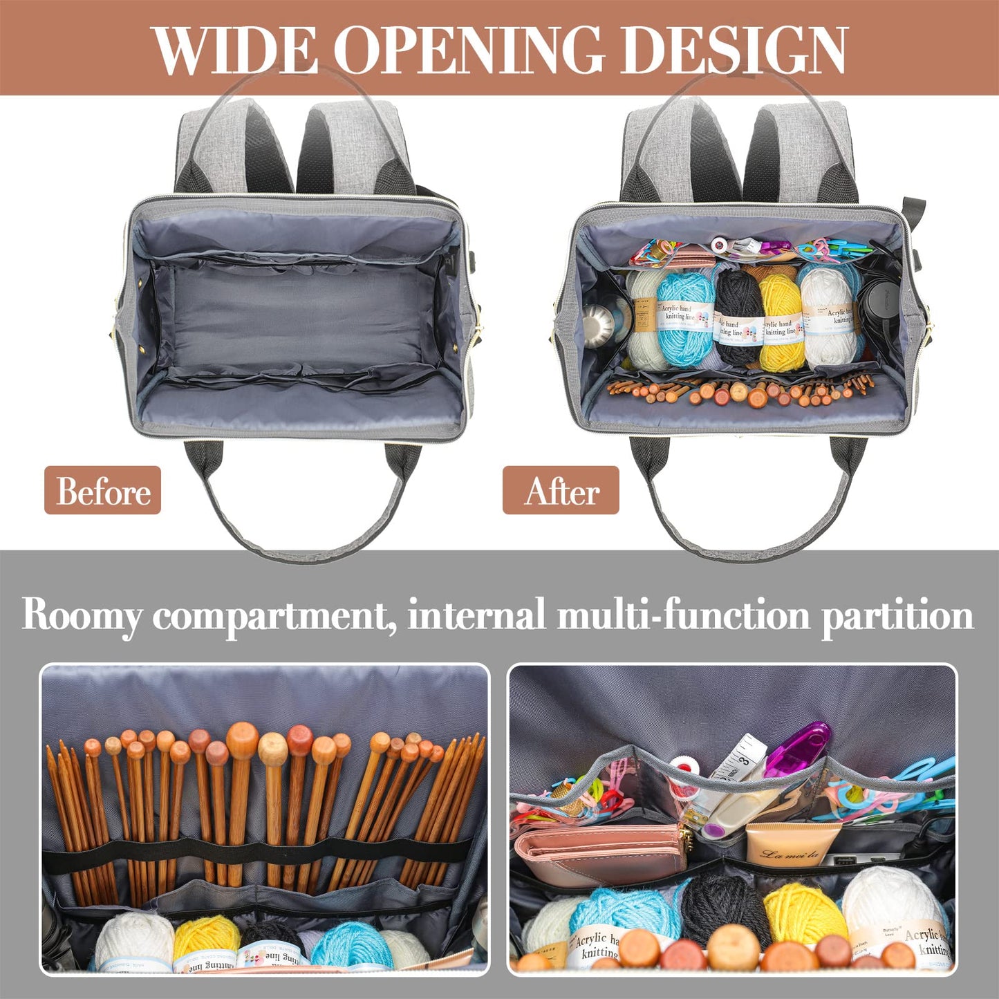 Knitting Bag Backpack, Crochet Bag Tote with USB Charging Port, Yarn Storage Organizer, Gifts for Crocheters Crochet Lovers Gift, Yarn Storage Tote Bag for Knitting & Crochet Accessories, Grey