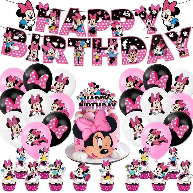Minnie Party Supplies,32PCS Birthday Decorations Set Include Banner, Balloons, Hanging Swirls, Cake Cupcake Toppers, for Boys Girls Theme Party
