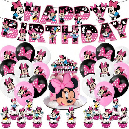 Minnie Party Supplies,32PCS Birthday Decorations Set Include Banner, Balloons, Hanging Swirls, Cake Cupcake Toppers, for Boys Girls Theme Party