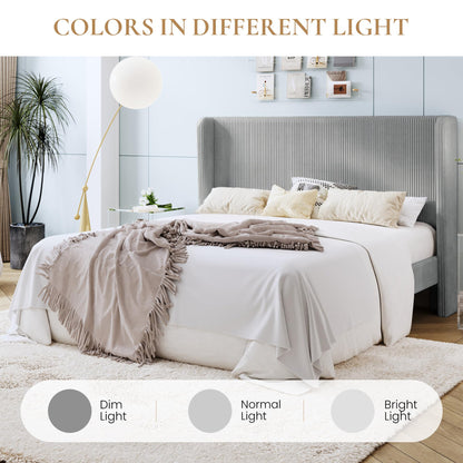 SHA CERLIN King Size Corduroy Upholstered Platform Bed Frame with Vertical Channel Tufted Wingback Headboard, 8" Under Bed Storage, Wooden Slats & Metal Frame Support, Easy Assembly, Light Grey