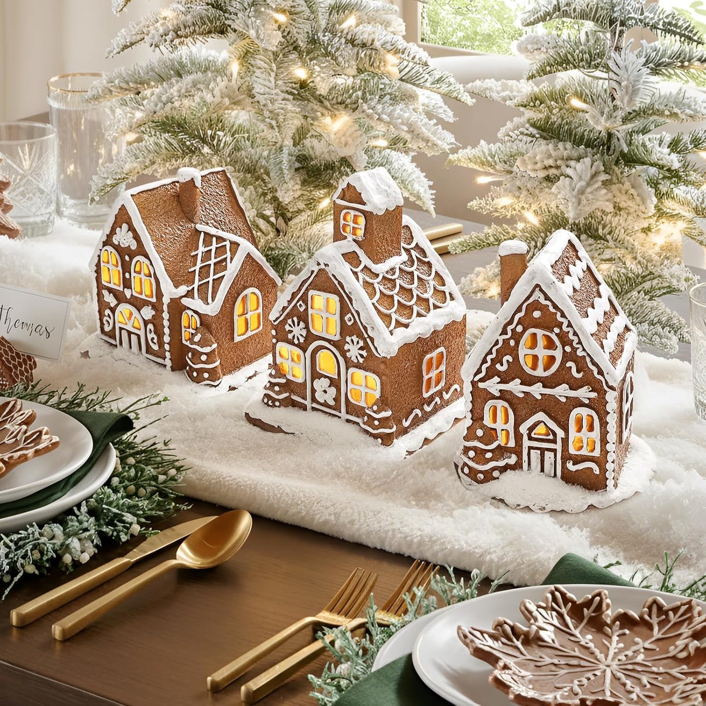 Skiennix Light-Up Gingerbread House Christmas Decorations - 3Pcs Collectible Figurines with LED Lights | Classic Swedish Xmas Table Décor