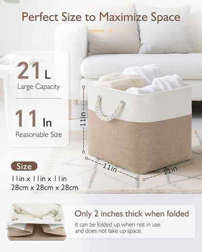 Patvingot 11-Inch Fabric Storage Bins - 6-Pack Organizer Cubes with Rope Handles for Home & Closet | White/Khaki