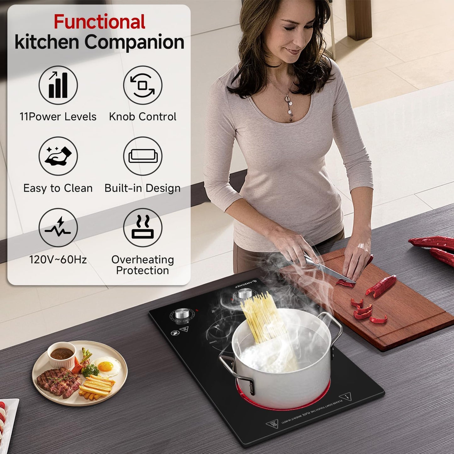 AMZCHEF 12Inch 2 Burner Electric Cooktop, 1800W/11Levels 2 Burners Stove Top With Knob Control Countertop & Built-in Radiant Electric Stove with Residual Heat Indicator