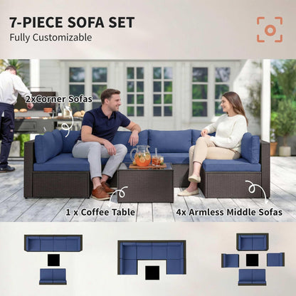 Outsunny 7 Piece Patio Furniture Set, Wicker Outdoor Sectional Sofa Set, All Weather PE Rattan Outdoor Furniture Conversation Sets with Cushions, Glass Top Coffee Table, Dark Blue