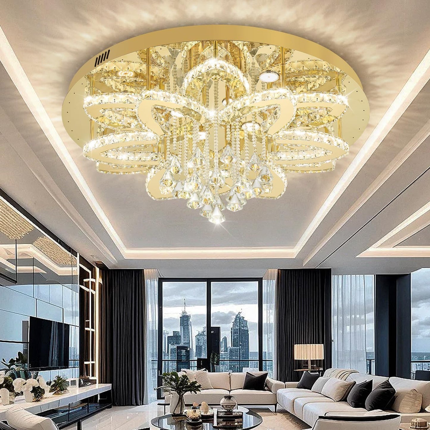 Flashing God 32'' Modern Crystal Chandeliers for Living Room Crystal Ceiling Light Fixture LED Dimmable Pendant Lighting Flush Mount Ceiling Chandelier for Dining Room Bedrooms Foyer Gold