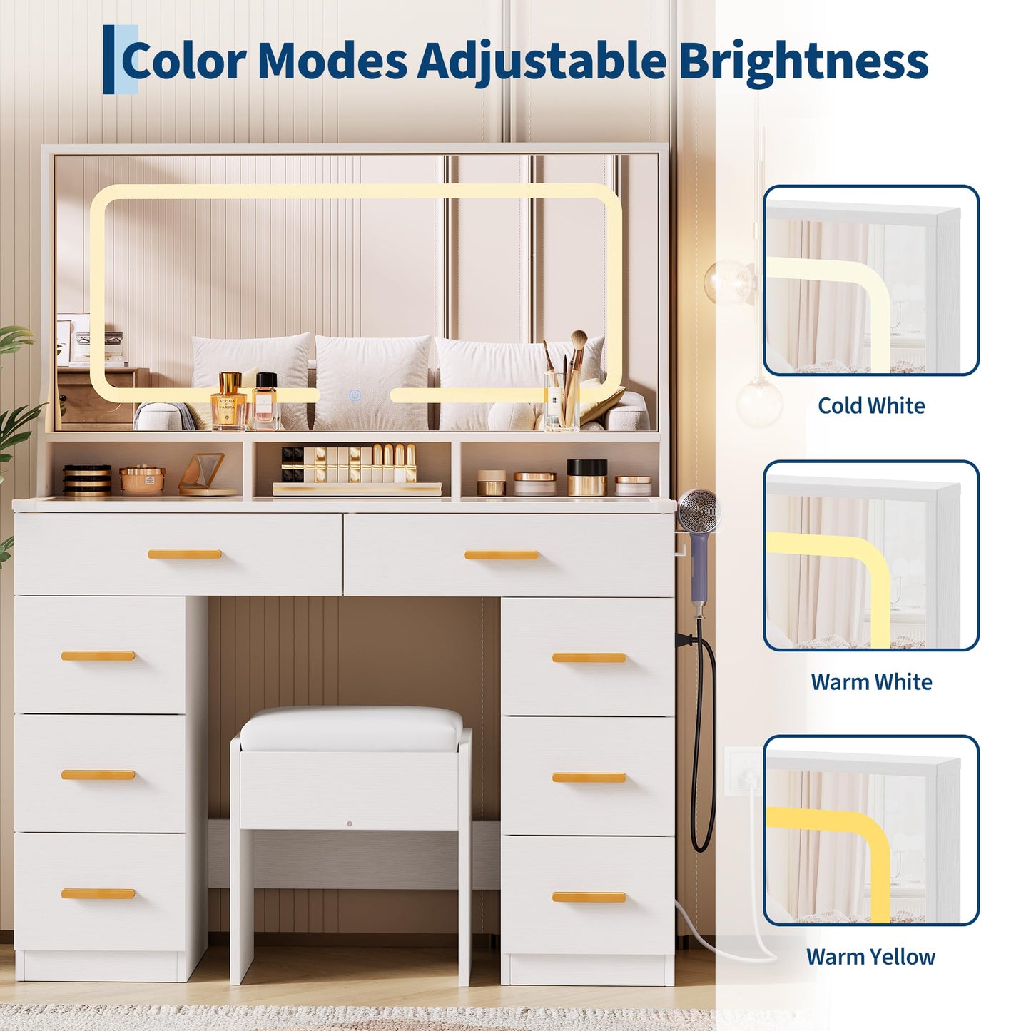 GAOMON Makeup Vanity Desk with Large Lighted Mirror, Vanity Desk with Glass Tabletop, 8 Drawers & 3 Storage Shelves, Vanity Set with Built-in Power Outlet for Bedroom & Dressing Area, White
