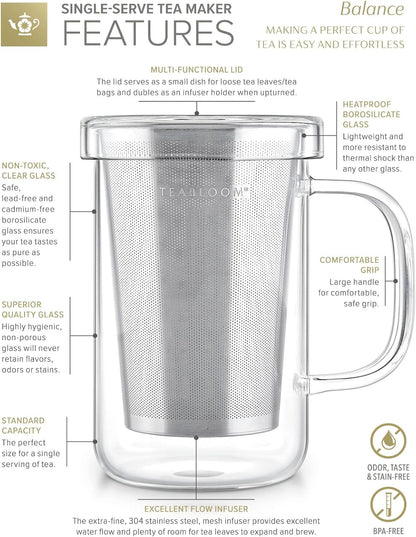 Teabloom Premium Borosilicate Glass Mug - 12 Ounces (350 mL) with Stainless Steel Loose Leaf Tea Infuser and Lid/Dish