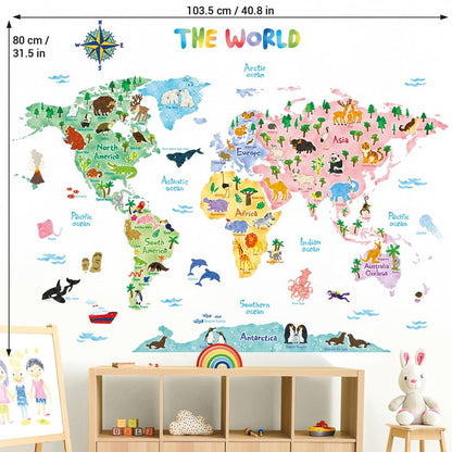 DECOWALL SG2-1615S Animal World Map Kids Wall Decals Wall Stickers Peel and Stick Removable Wall Stickers for Kids Nursery Bedroom Living Room (Large)