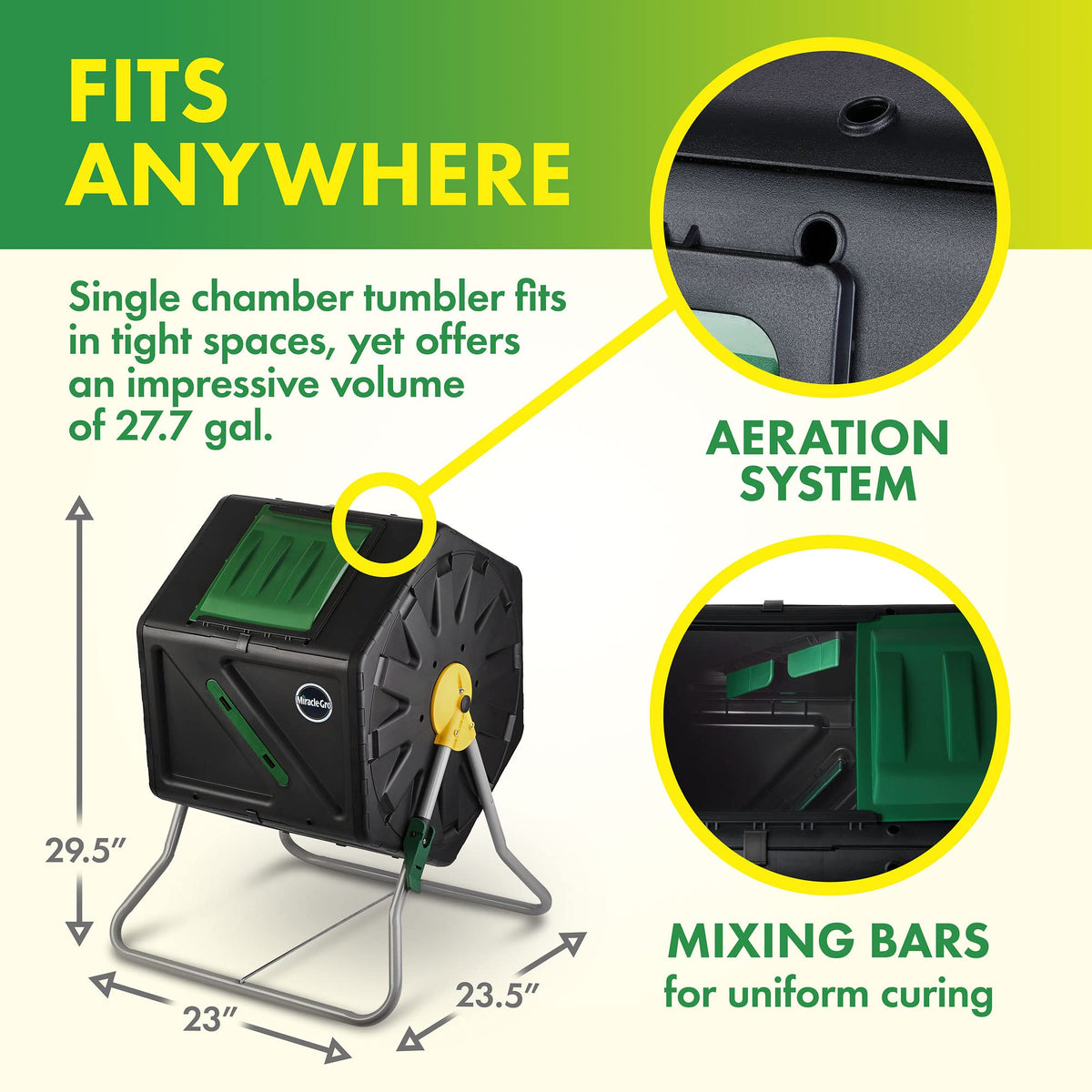 Miracle-Gro Compost Tumbler Single Chamber – Easy-Turn Composter Tumbler Outdoor for Fast Composting – Heavy-Duty Composting Bin with 1 Sliding Door (1 x 27.7 Gallon / 105 Liter)