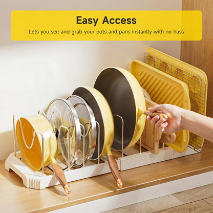 Mudeela Pot Lid Organizer Rack for Cabinet, Expandable Pots and Pans Organizer under Cabinet with 10 Adjustable Dividers, Pan Organizers Holder inside Cabinet for Plates, Cutting Boards, Baking Sheets