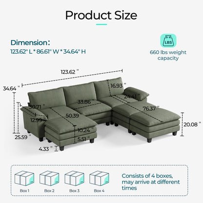 LINSY HOME Modular Sectional Sofa - 123 Inch Oversized Corduroy Cloud Couch with Movable Ottoman Soft Modern Comfy Sofa Set for Living Room Apartment Office, Green