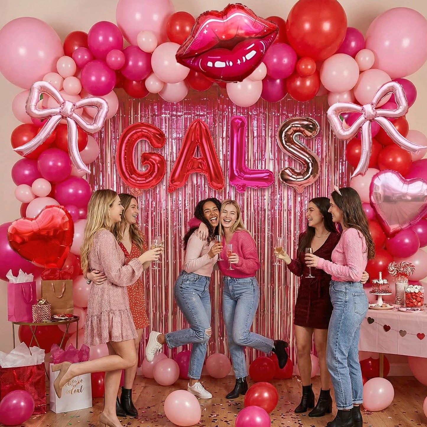 Galentine's Day Balloon Arch Kit - 133 Pcs Pink Red GALS Letter Balloons, Heart, Lip & Bow Foil Balloons with Pink Curtain for Valentine's Day, Bachelorette, Birthday Party Decorations