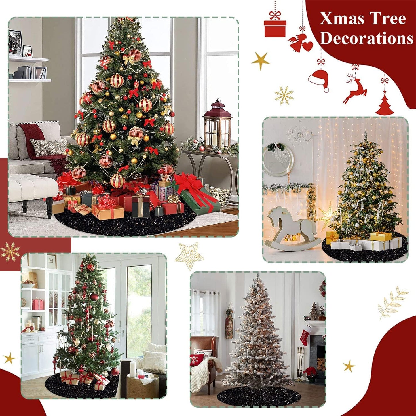 FUHSY Black Christmas Tree Skirt, 21 Inch Sequin Velvet Tree Cover Mat for Home Ornaments and Holiday Decor